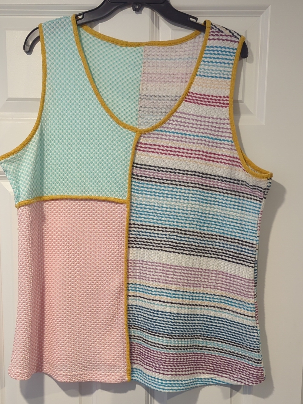 Pastel Colorblock Textured Sleeveless Tank with Mustard Trim